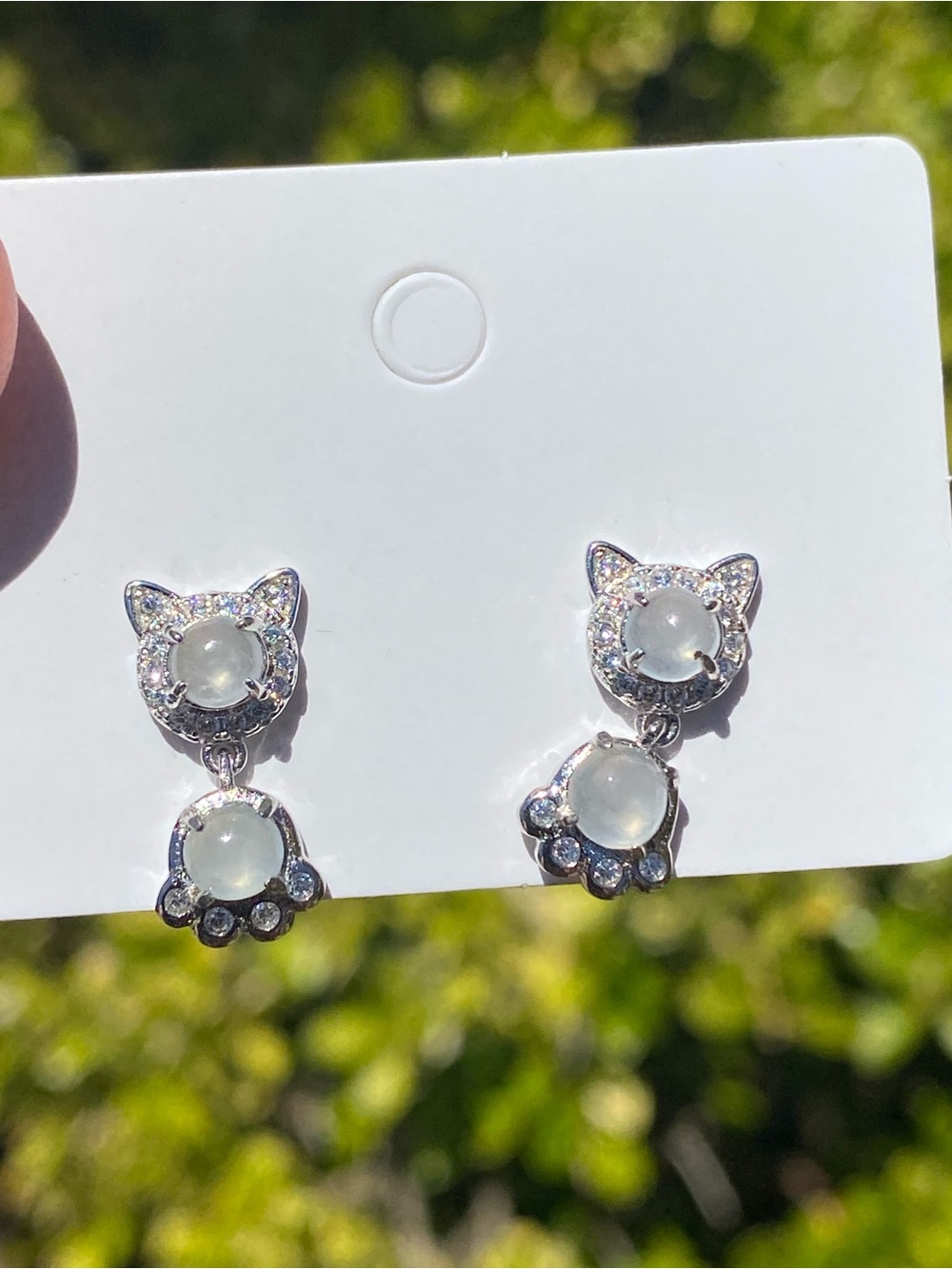 Silver-Tone Cat Paw Drop Earrings with Milky White Cabochons